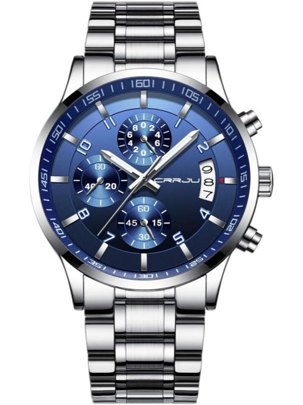 Men's Silver And Blue Analog Stainless Steel Waterproof Chronograph Wrist Watch